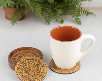 Set of Four Wooden Round Coasters with Holder | Engraved Ornament