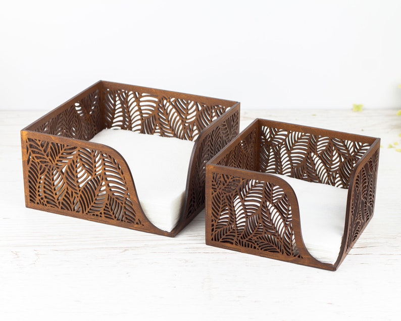 Floral Wood Napkin Holder for Table Napkin Tray for Kitchen, Walnut Tissue Box image 8