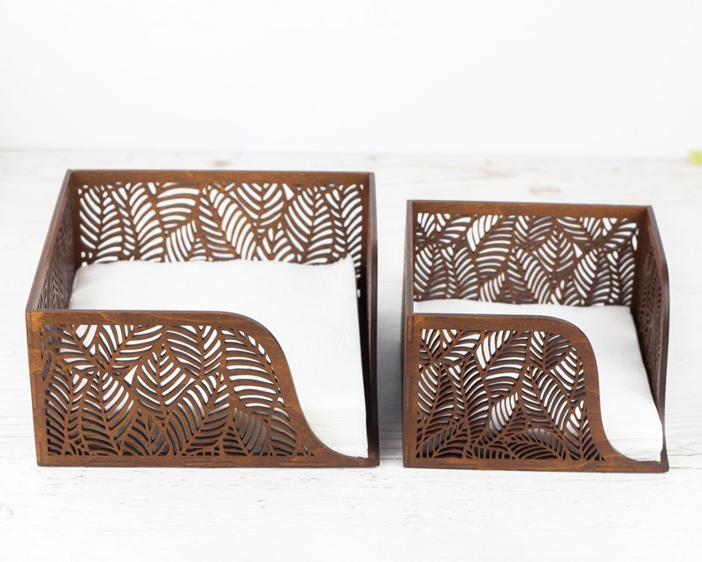 Floral Wood Napkin Holder for Table Napkin Tray for Kitchen, Walnut Tissue Box image 5