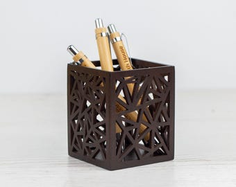 Wooden Square Pencil Holder – Rosewood with Geometric Pattern
