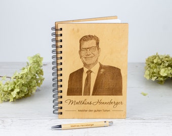 Personalized Engraved Wooden Cover Notebook with Photo and Pen