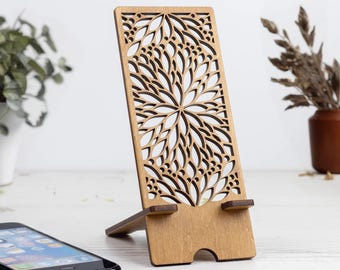 Wood Cell Phone Stand with Free Personalization | Desk Phone Holder