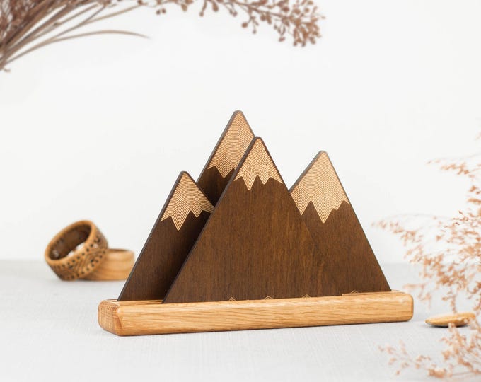 Mountain Coaster Set with Oak Holder | Wooden Cup Mats Gift for Nature Lovers