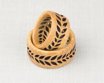 Oak Wooden Napkin Rings with Leaf Cutout  Rustic Table Decor, Wedding, Dinner Accessories