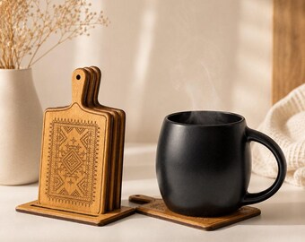 Wooden Mug Coaster Set with Holder, Mini Cutting Board Decor