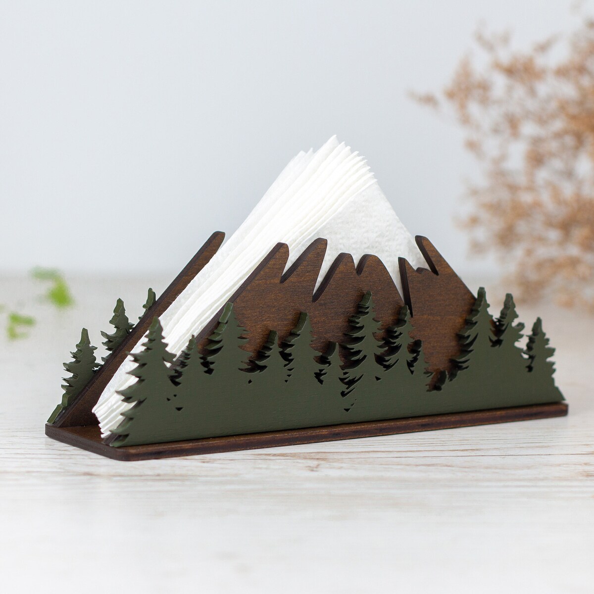 Wooden Napkin Holder With Mountains & Forest Design Kitchen Storage luncheon and Cocktail Napkins - Etsy