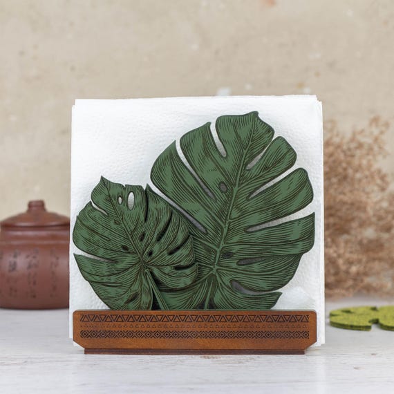 Wooden Napkin Holder in Sage Green Monstera Leaf Design