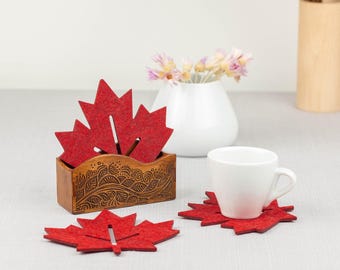 Felt Maple Leaf Coasters Set – Red Drink Coasters with Wooden Holder
