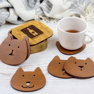 Wood Coaster Set in the Box | 6 Animals Cats, Dogs, Pig, Hamster