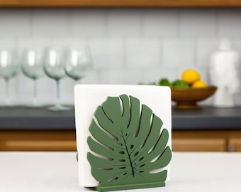 Green Wooden Napkin Holder Monstera for Table with Floral Decor
