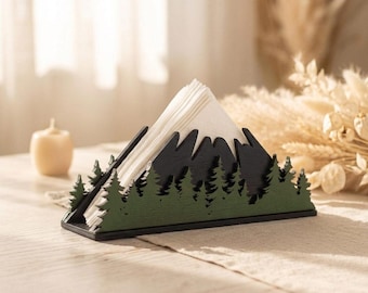Wooden Napkin Holder with Mountains & Forest Design | Black and Green