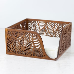 Floral Wood Napkin Holder for Table Napkin Tray for Kitchen, Walnut Tissue Box image 3