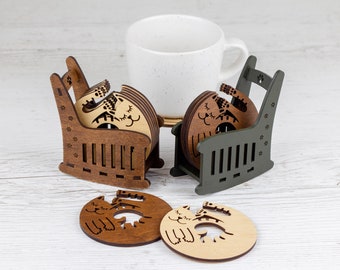 Funny Wood Coasters: Cats on Chair Set with Holder