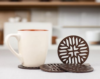 Set of 4 Wooden Round Coasters with Holder | Cuted Ornament