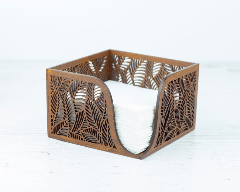 Floral Wood Napkin Holder for Table Napkin Tray for Kitchen, Walnut Tissue Box image 6