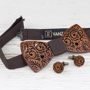 Nœud papillon en bois à motif floral pour homme femme garçon