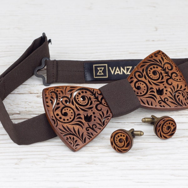 Wood Bow Tie with Floral Design for Men Women Boys