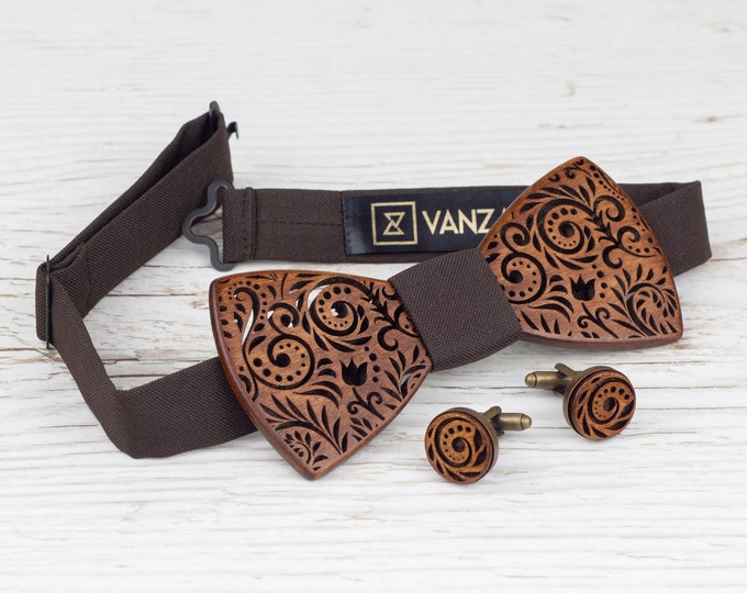 Wood Bow Tie with Floral Design for Men Women Boys