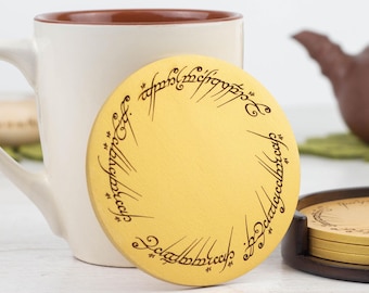 Lord of the Rings Wooden Coasters – Gold Elvish Script, LOTR Geek Decor