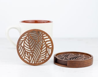 Set of 4 Wooden Coasters with Holder | Floral Round Drink Coasters