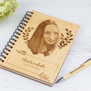 Personalized Engraved Wooden Cover Notebook with Photo and Pen