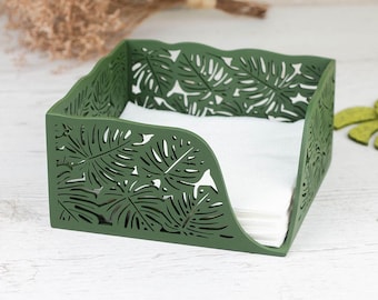 Sage Green Wooden Napkin Holder – Monstera Leaf Design