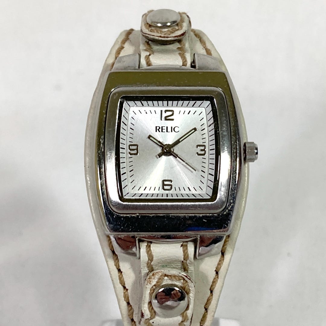 Relic Watch Womens 25mm Square Face Ivory Color Leather Cuff Band New ...