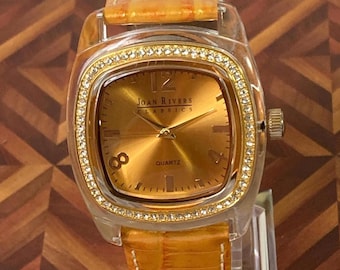Joan Rivers Gold Tone Acrylic Crystal Watch – Yellow Leather Strap, 38mm Case