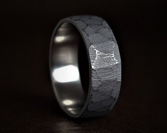 Faceted Titanium Ring - Men's wedding band, manly ring, sandblasted, hammered texture, grey and silver, engagement ring, gift for man