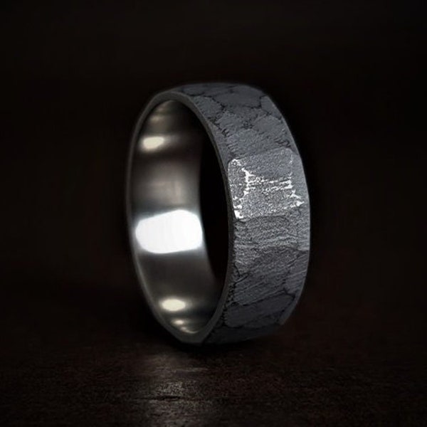 Faceted Titanium Ring - Men's wedding band, manly ring, sandblasted, hammered texture, grey and silver, engagement ring, gift for man