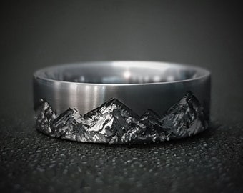 Mountain Range Ring - Titanium, trouwring voor heren, trouwring voor dames, Comfort Fit