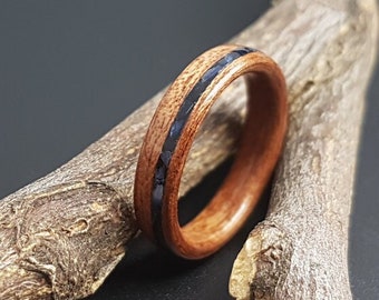 Wooden ring, mahogany and black seashell inlay, ladies ring, men's ring, bentwood, wooden wedding ring, wood wedding band, engagement ring