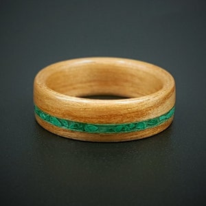 Anigre wooden ring with malachite stone, women's wooden ring, men's wooden ring, green natural ring for her , engagement ring, special gift image 1