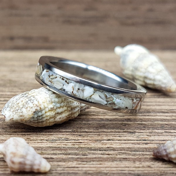 Titanium wedding band, women's wedding ring with inlaid shells, engagement ring, dainty wedding ring, unique wedding band