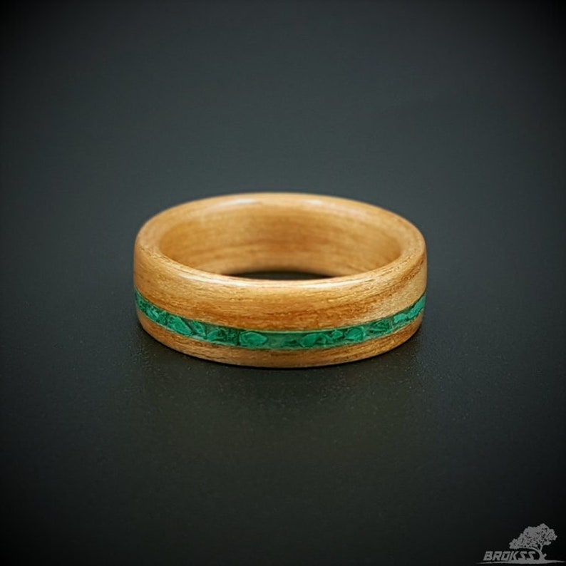 Anigre wooden ring with malachite stone, women's wooden ring, men's wooden ring, green natural ring for her , engagement ring, special gift image 1