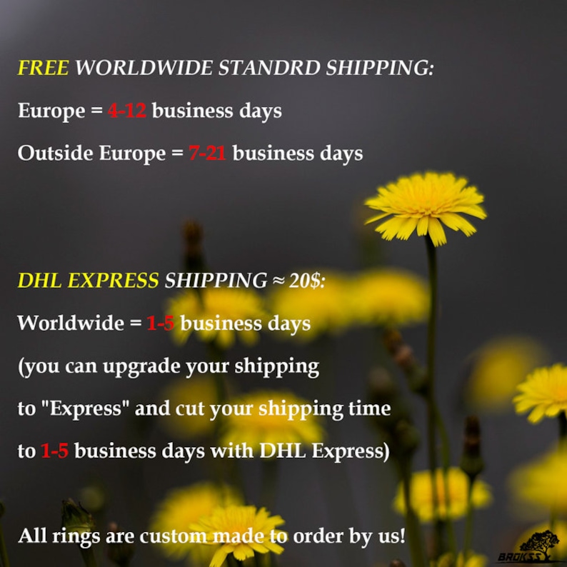 May include: A cluster of bright yellow dandelion flowers with thin green stems set against a dark, blurred background. The image includes text detailing shipping information and a small logo in the bottom right corner with the text BROKSS.