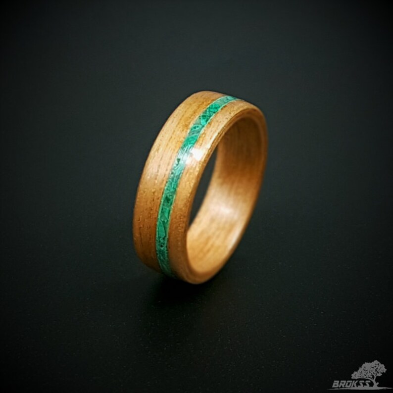 Anigre wooden ring with malachite stone, women's wooden ring, men's wooden ring, green natural ring for her , engagement ring, special gift image 2