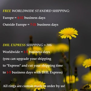 May include: A yellow flower with a blurred background of other yellow flowers. Text on the image reads: "FREE WORLDWIDE STANDRD SHIPPING: Europe = 4-12 business days Outside Europe = 7-21 business days DHL EXPRESS SHIPPING &asymp; 20$: Worldwide = 1-5 business days (you can upgrade your shipping to "Express" and cut your shipping time to 1-5 business days with DHL Express) All rings are custom made to order by us!"