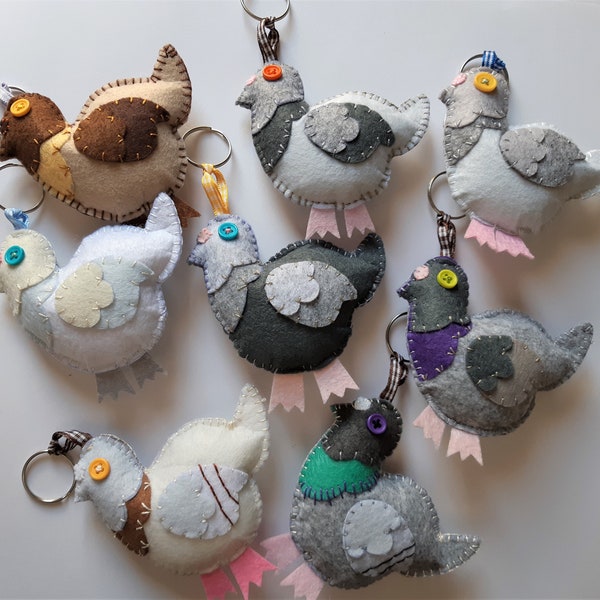 Pigeons Handmade Hand stitched key chain Pigeon bird felt collectable item Animal Keychain Bag charm Party favours by Patchyz