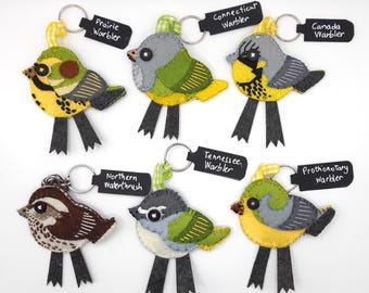 Hand Stitched Felt Tit Warbler Thrush : Bird animal bag charm