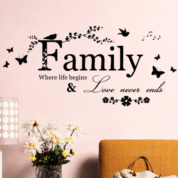 Sale Family Love Never Ends Butterfly Flower Quote Vinyl Wall Decal Lettering Words Wall Sticker Home Decor Art Poster Wallpaper