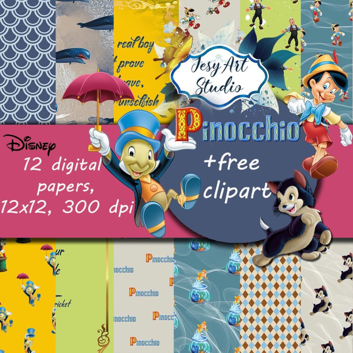 Pinocchio Digital Paper Disney Scrapbook paper Free Pinocchio Etsy
