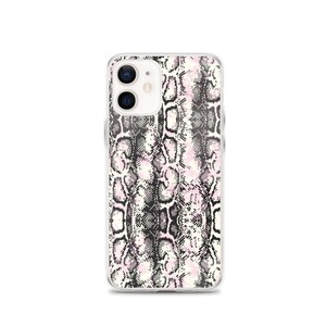 Puede incluir: Una funda transparente para teléfono con un patrón de piel de serpiente rosa y negro.