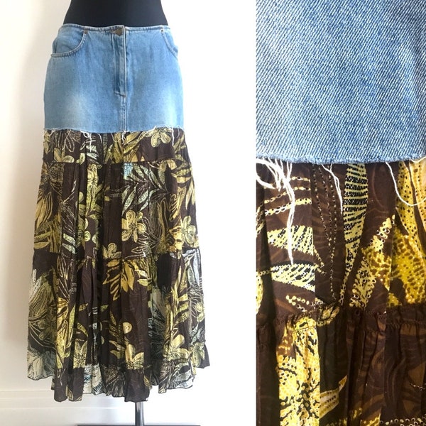 1990's Vintage Jean Corset High Waist Avant Garde Skirt Blue Denim Skirt Woman Grunge Flowers & Denim Tiered Ruffle Floral Print Size Large