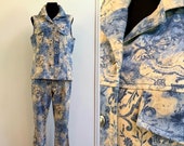 Women 39 s 2 Piece Suit Pants Jacket Sleeveless Vest 90s Vintage Jeans Denim Floral Blue Beige Costume Pants Set Acid Wash Festival Set Size L
