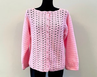 Vintage 80s Crochet Cardigan Pink Jacket Hand Made Chunky Knitted Cardigan Buttoned Crocheted Gift to Mom Back to School Size M-L