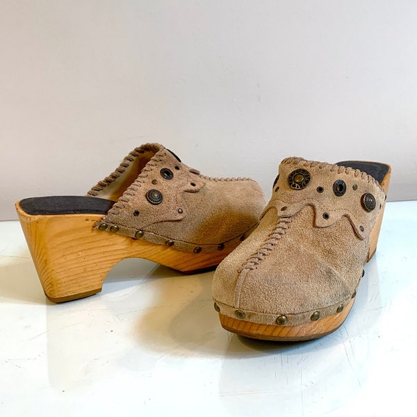 Beige Leder Clogs Sandalen High Heel besetzt Clogs schwedischen Clogs Heeled Schuhe Holz Maulmaul Sandalen EU Größe 37