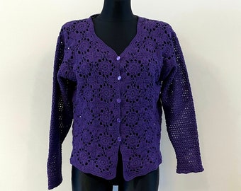 Vintage 80s Crochet Cardigan Purple Jacket Hand Made Chunky Knitted Cardigan Buttoned Crocheted Gift to Mom Back to School Size M-L