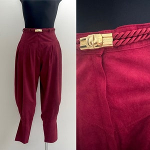 Vintage 90s Dark Red Pants High Waist Trousers Velvet Gold Buckle Braided Waist Band Festival Harem Drop Crotch Bohemian Pants Size S/M