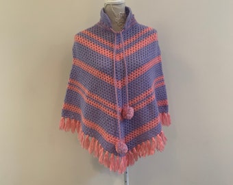 Crochet Poncho Vintage Knit Boho Fringed Pompon Cape Hippie Striped Bohemian Fringe Warm Scarf Poncho style Triangle Sweater Shawl